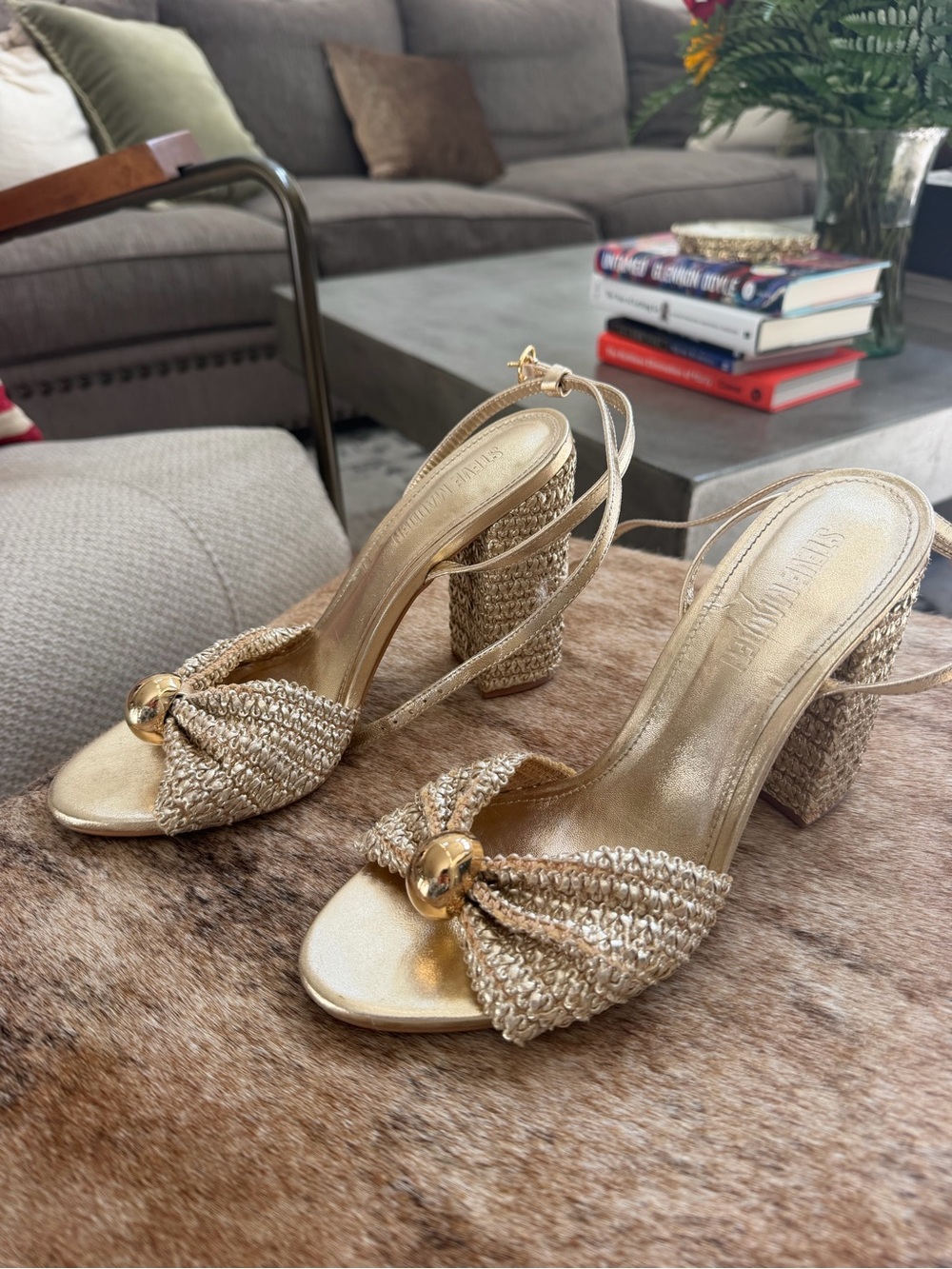 Steve Madden Metallic Gold Braided Block Heel Sandals with Knot and Orb Detail - Picture 5 of 9